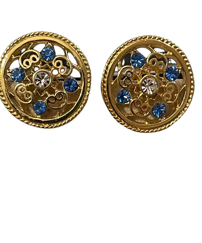 Beautiful gold finish medallion round crystal accent pierced earrings