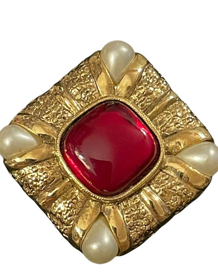 Magestic royal ruby red faux pearl gold finish ornate brooch