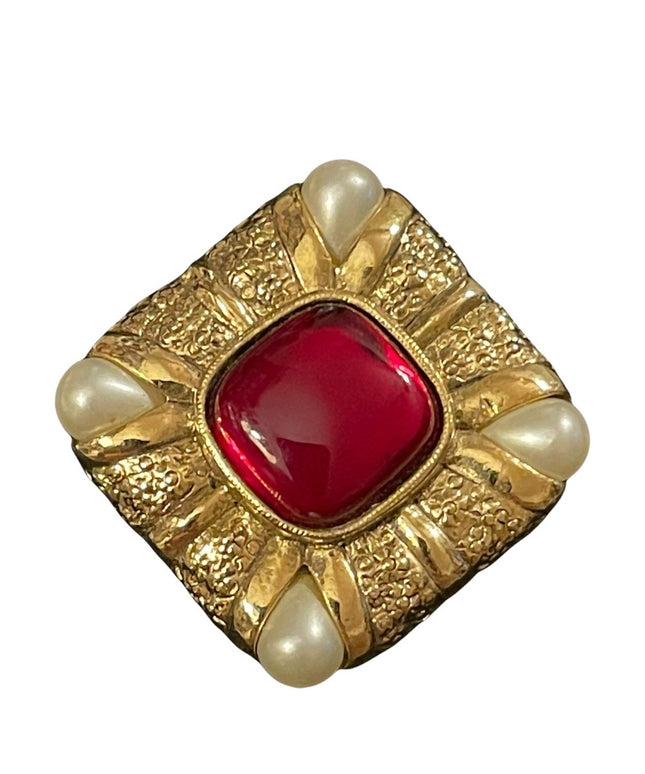 Magestic royal ruby red faux pearl gold finish ornate brooch