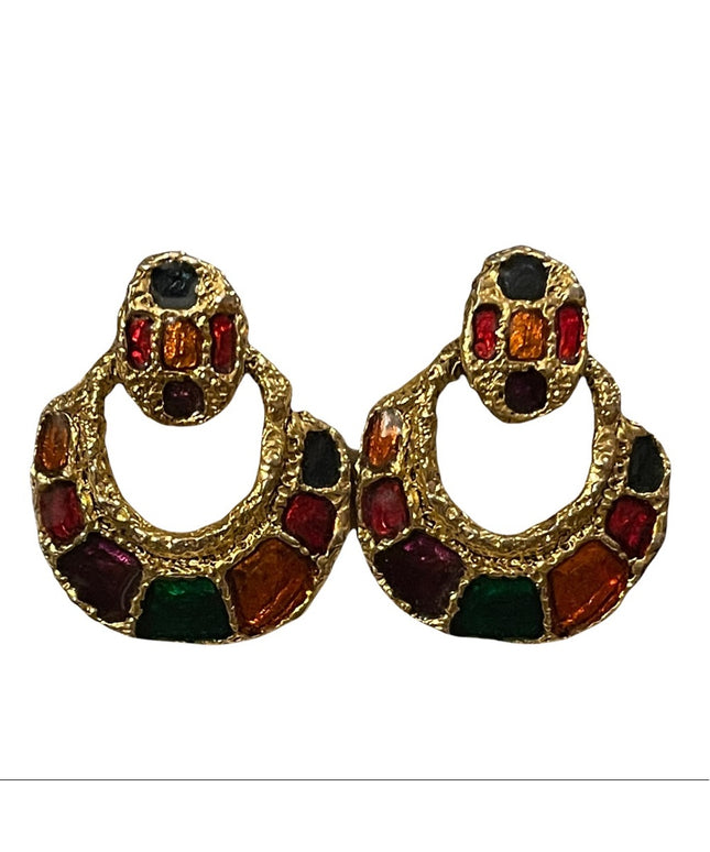 Vintage 1980s Gold finish enameled pierced earrings multi color