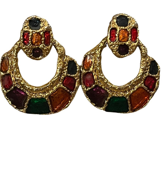 Vintage 1980s Gold finish enameled pierced earrings multi color