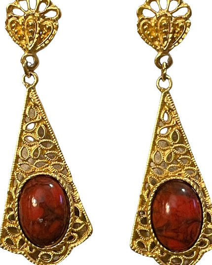Vintage 1980s revival glass gold filagree pierced dangle earrings