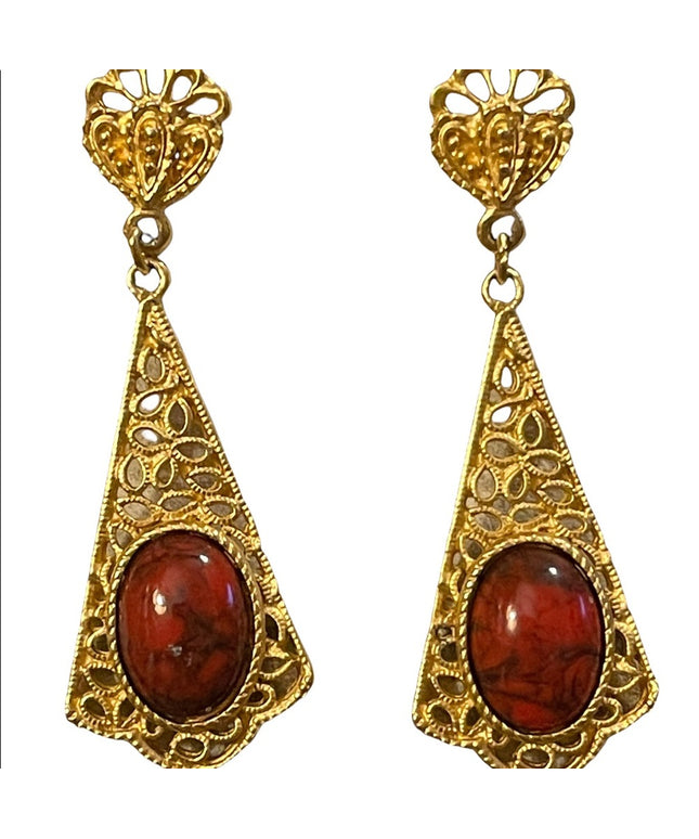 Vintage 1980s revival glass gold filagree pierced dangle earrings