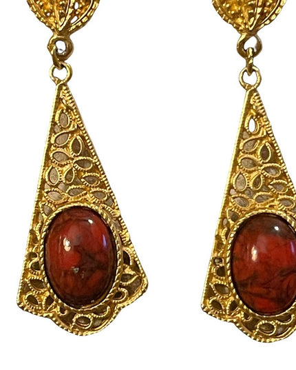 Vintage 1980s revival glass gold filagree pierced dangle earrings