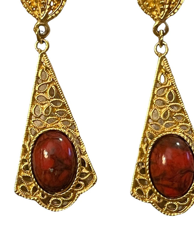 Vintage 1980s revival glass gold filagree pierced dangle earrings