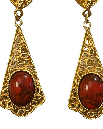 Vintage 1980s revival glass gold filagree pierced dangle earrings