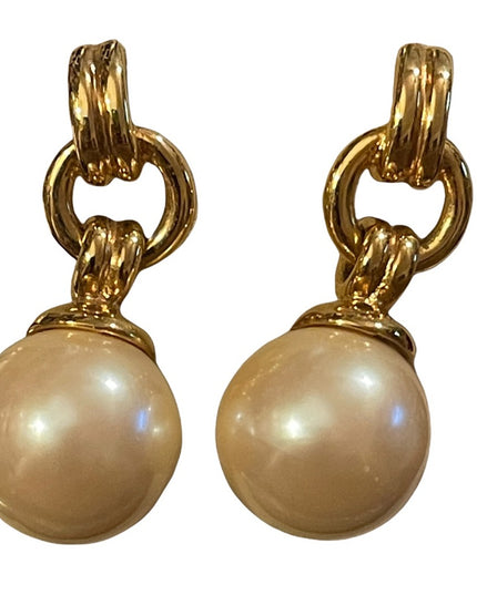 Chunky 1980s large faux pearl ball with gold finish dangle pierced earrings