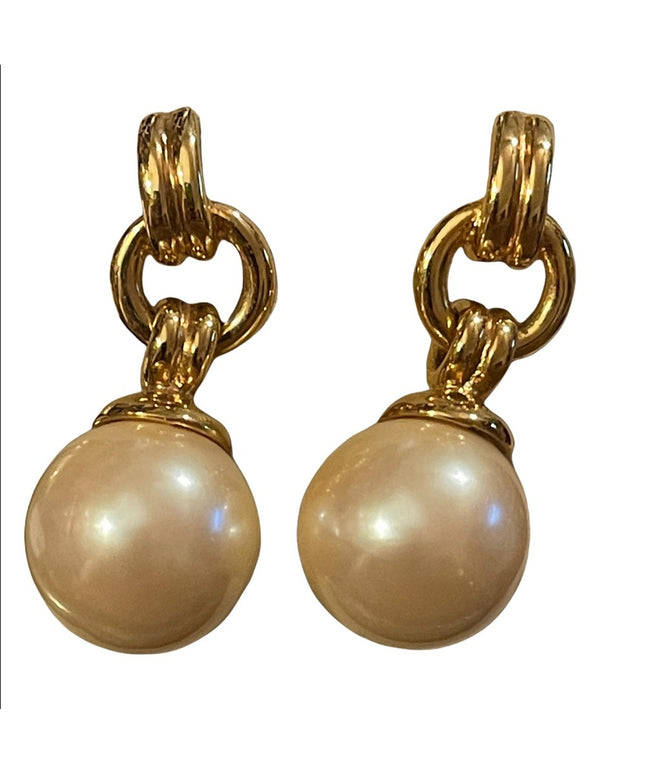 Chunky 1980s large faux pearl ball with gold finish dangle pierced earrings