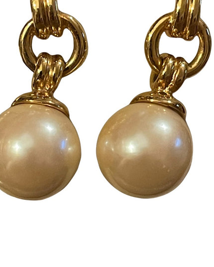Chunky 1980s large faux pearl ball with gold finish dangle pierced earrings