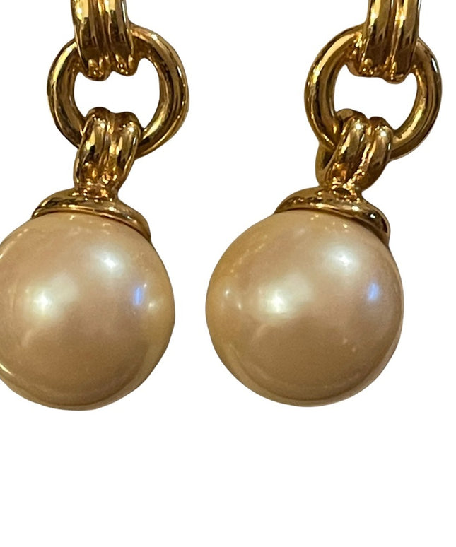 Chunky 1980s large faux pearl ball with gold finish dangle pierced earrings
