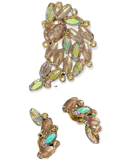 Vintage Lilac large crystal brooch & clip on earrings SET party wedding GARNE