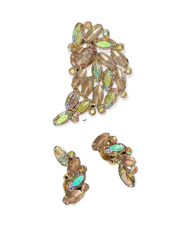 Vintage Lilac large crystal brooch & clip on earrings SET party wedding GARNE