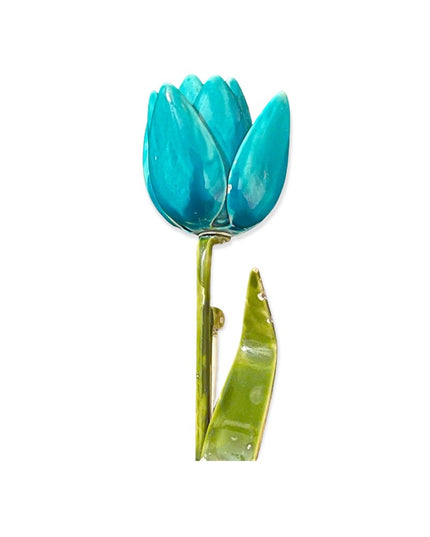 Vintage 1960s blue metal flower stem brooch