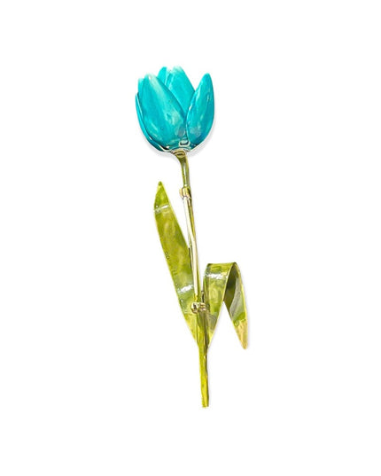 Vintage 1960s blue metal flower stem brooch