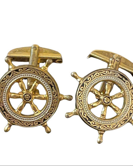 Vintage ships wheel Nautical Damascene gold plate Cuff link cufflinks