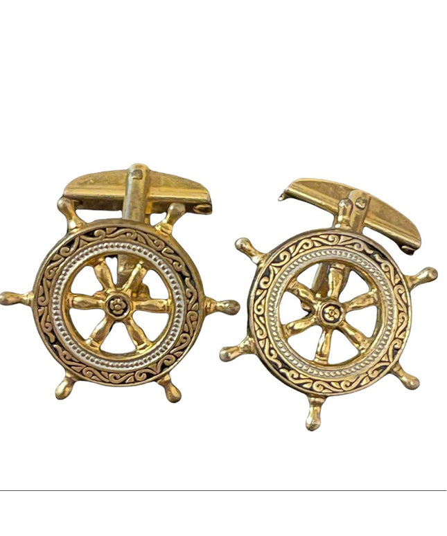 Vintage ships wheel Nautical Damascene gold plate Cuff link cufflinks