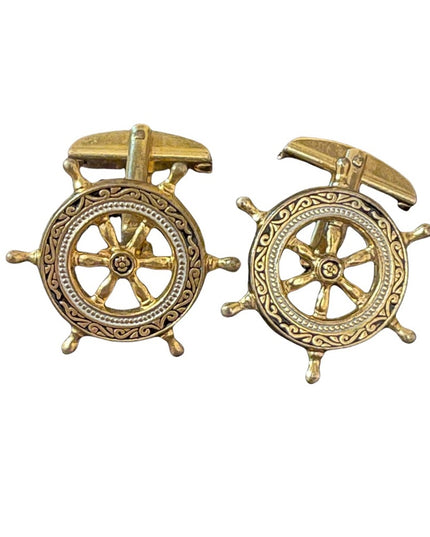 Vintage ships wheel Nautical Damascene gold plate Cuff link cufflinks