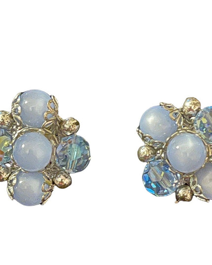 Vintage blue crystal accent cluster flower earrings appx 1950s clip ons
