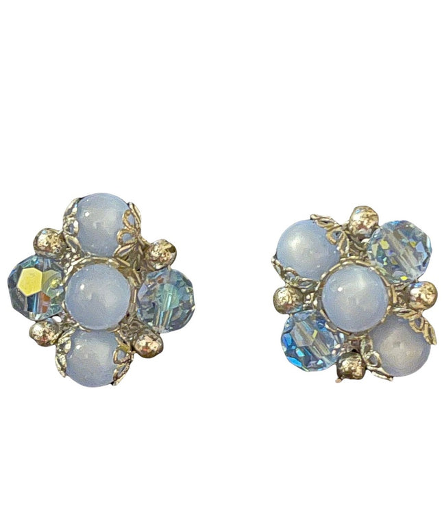 Vintage blue crystal accent cluster flower earrings appx 1950s clip ons