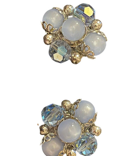 Vintage blue crystal accent cluster flower earrings appx 1950s clip ons