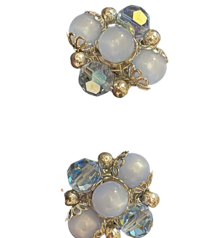 Vintage blue crystal accent cluster flower earrings appx 1950s clip ons