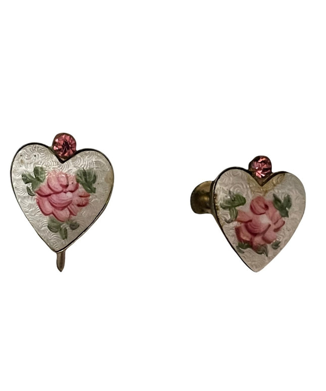 Vintage Guilloche ceramic painted flower & crystal CORO screw back earrings