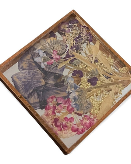 Vintage artisan hand made dried flowers in copper frame square brooch