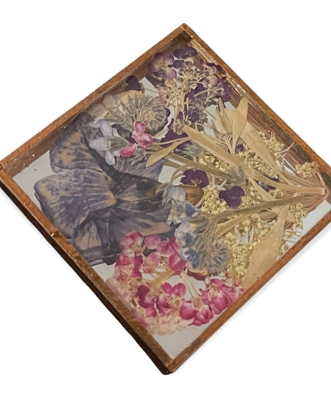 Vintage artisan hand made dried flowers in copper frame square brooch