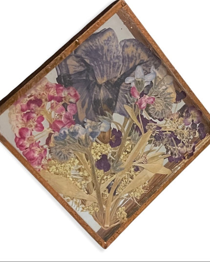 Vintage artisan hand made dried flowers in copper frame square brooch