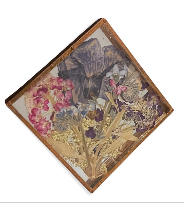 Vintage artisan hand made dried flowers in copper frame square brooch