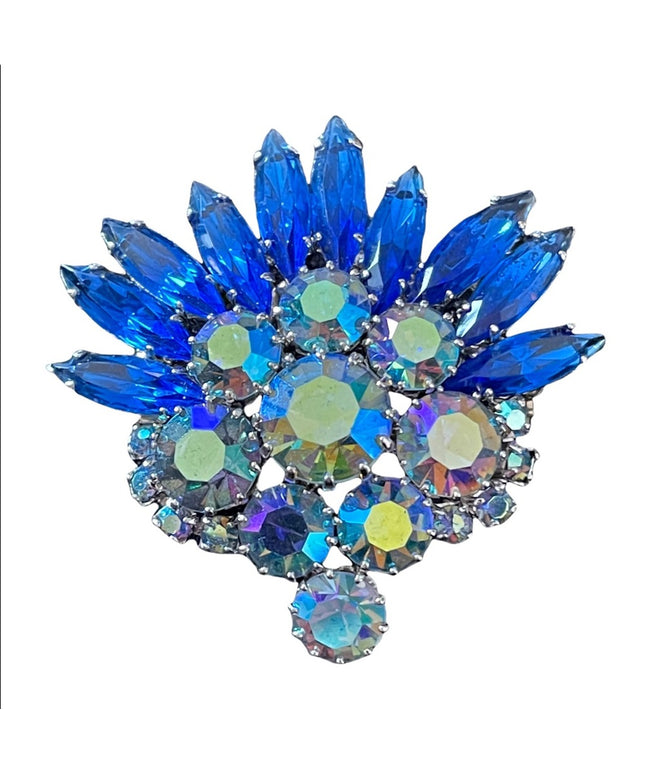 Vintage High quality “Sherman like” Blue AB Starburst brooch silver finish