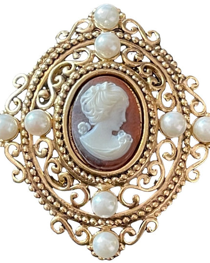 Vintage High quality Cameo faux pearl gold antiqued brooch