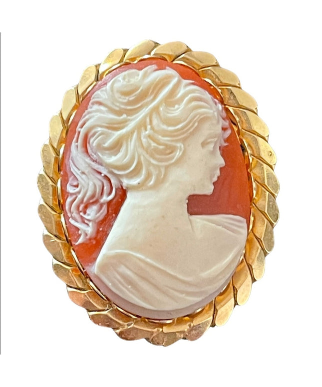 Vintage Faux Cameo gold finish necklace pendant brooch