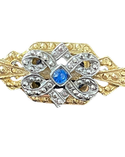Vintage Victorian Revival gold finish fancy bar brooch scarf brooch blue crystal
