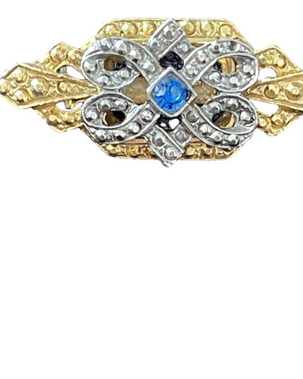 Vintage Victorian Revival gold finish fancy bar brooch scarf brooch blue crystal