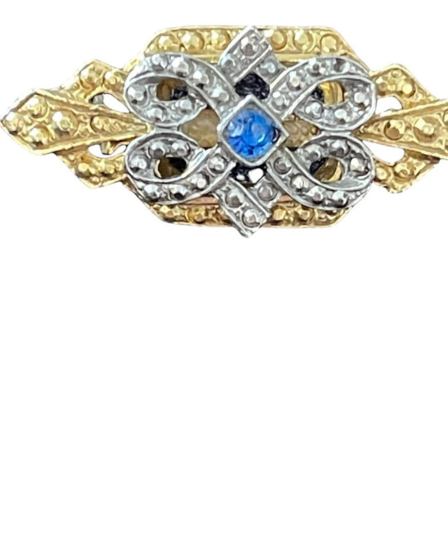 Vintage Victorian Revival gold finish fancy bar brooch scarf brooch blue crystal