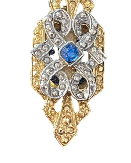 Vintage Victorian Revival gold finish fancy bar brooch scarf brooch blue crystal