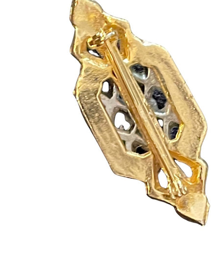 Vintage Victorian Revival gold finish fancy bar brooch scarf brooch blue crystal