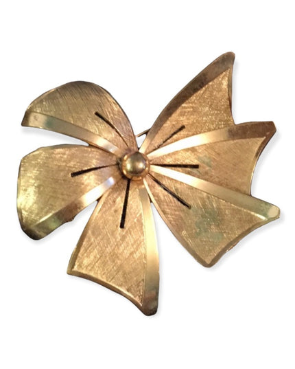 Vintage brushed gold tone brushed metal bow brooch
