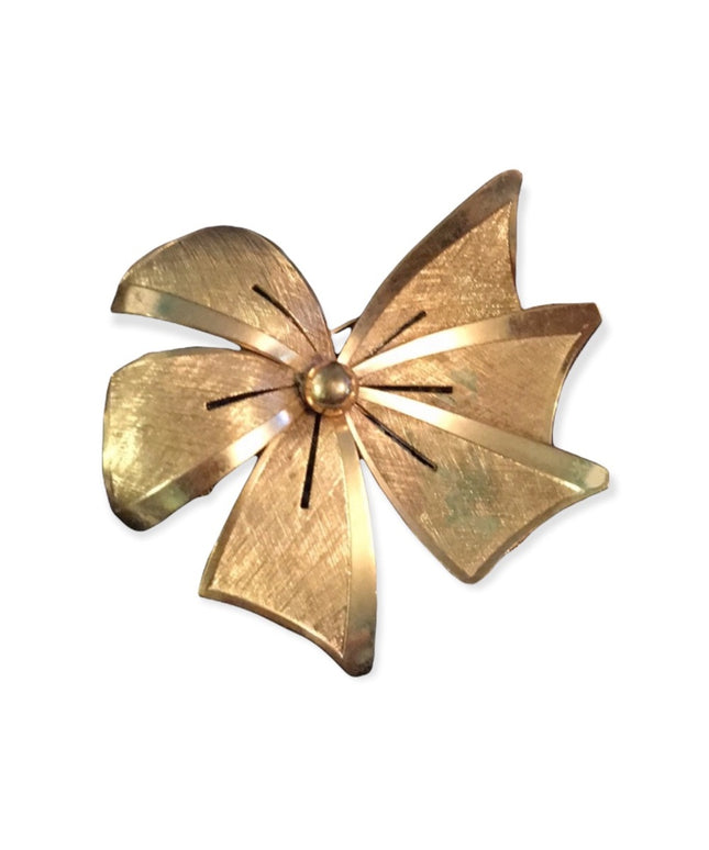 Vintage brushed gold tone brushed metal bow brooch