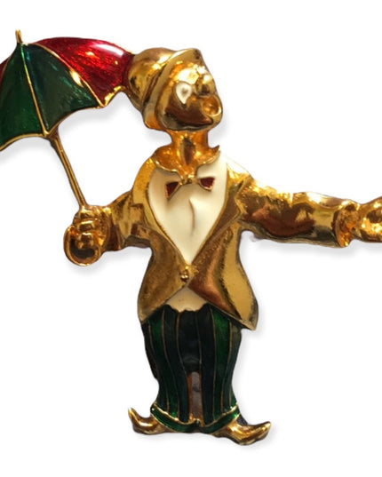 Vintage gold tone enamel clown umbrella brooch