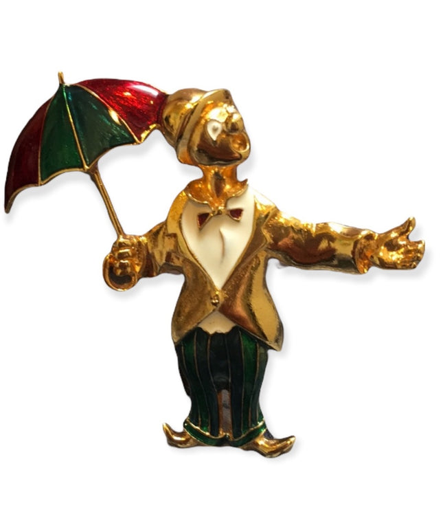 Vintage gold tone enamel clown umbrella brooch