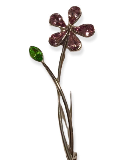 Vintage Silver metal purple crystal flower brooch