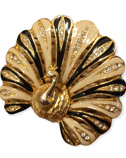 Vintage 1980s Crystal enameled peacock gold finish crystal rhinestone brooch