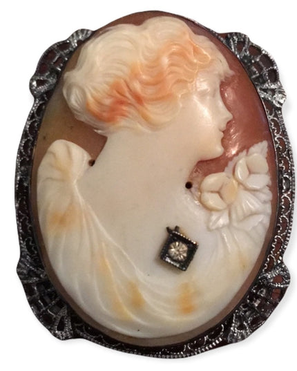 Antique Sterling silver 925 ornate Large Shell Cameo Brooch