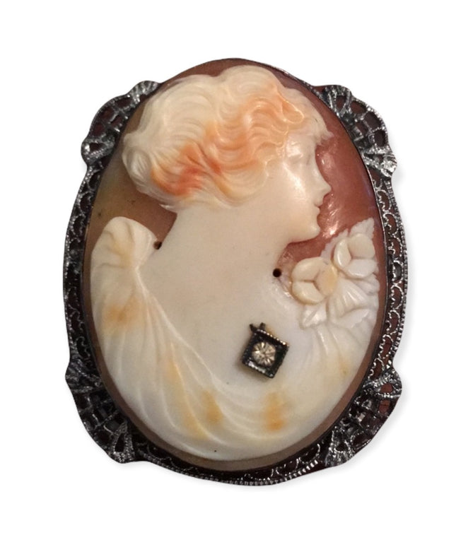 Antique Sterling silver 925 ornate Large Shell Cameo Brooch