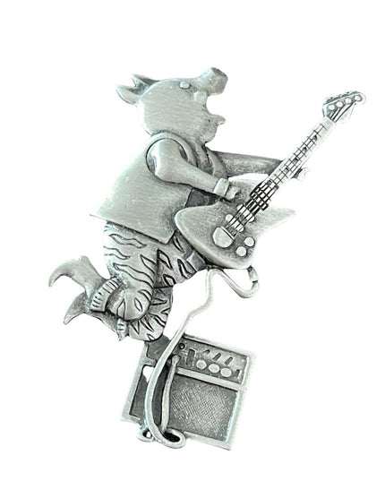 Vintage JJ 1980s Pig piggy playing a guitar musician brooch