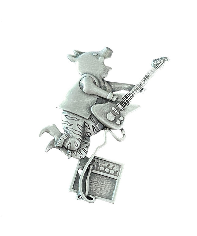 Vintage JJ 1980s Pig piggy playing a guitar musician brooch