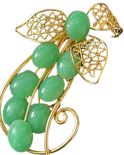 Vintage Faux Jade gold finish flower leaf brooch