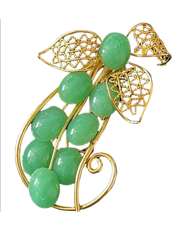 Vintage Faux Jade gold finish flower leaf brooch